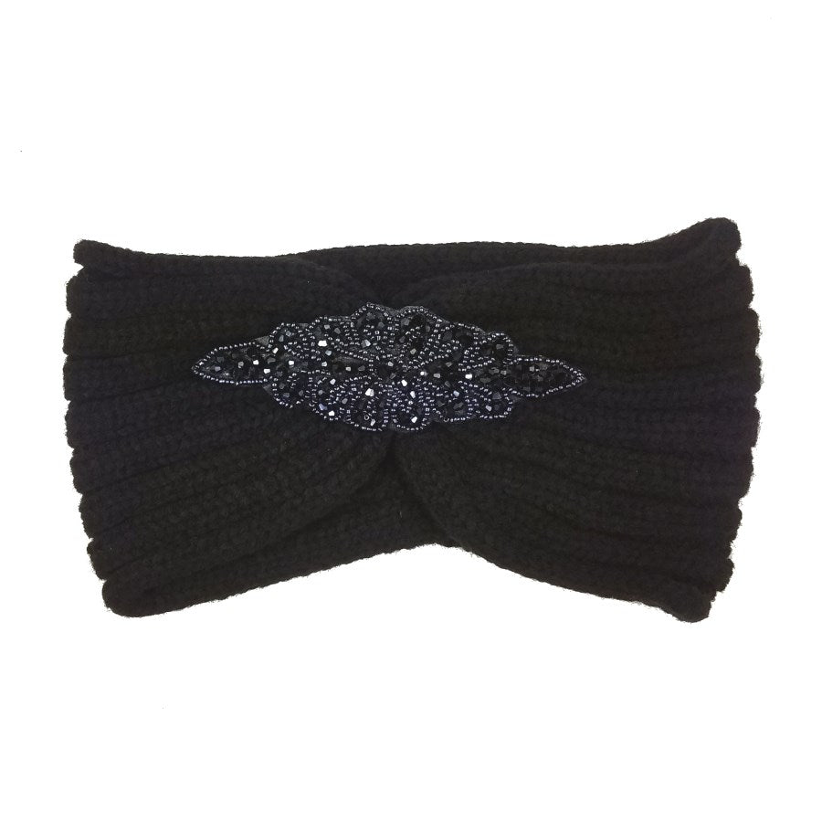 Beaded Flower Applique Knit Headband Earmuff Ear Warmer