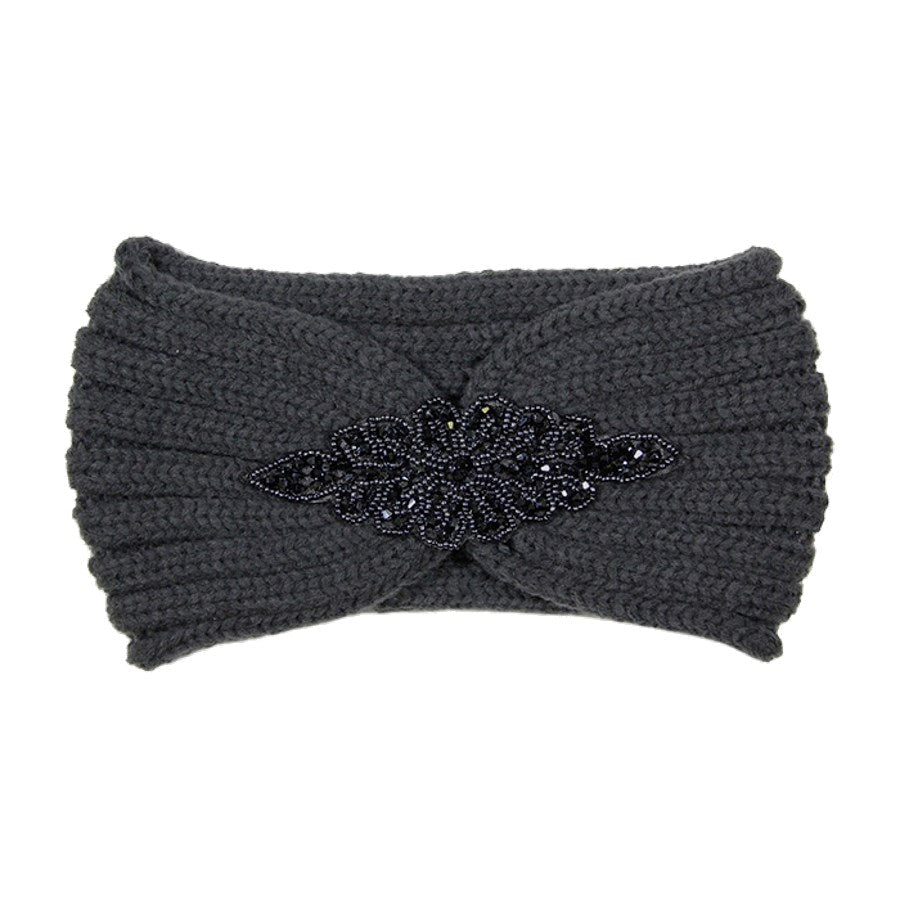 Beaded Flower Applique Knit Headband Earmuff Ear Warmer