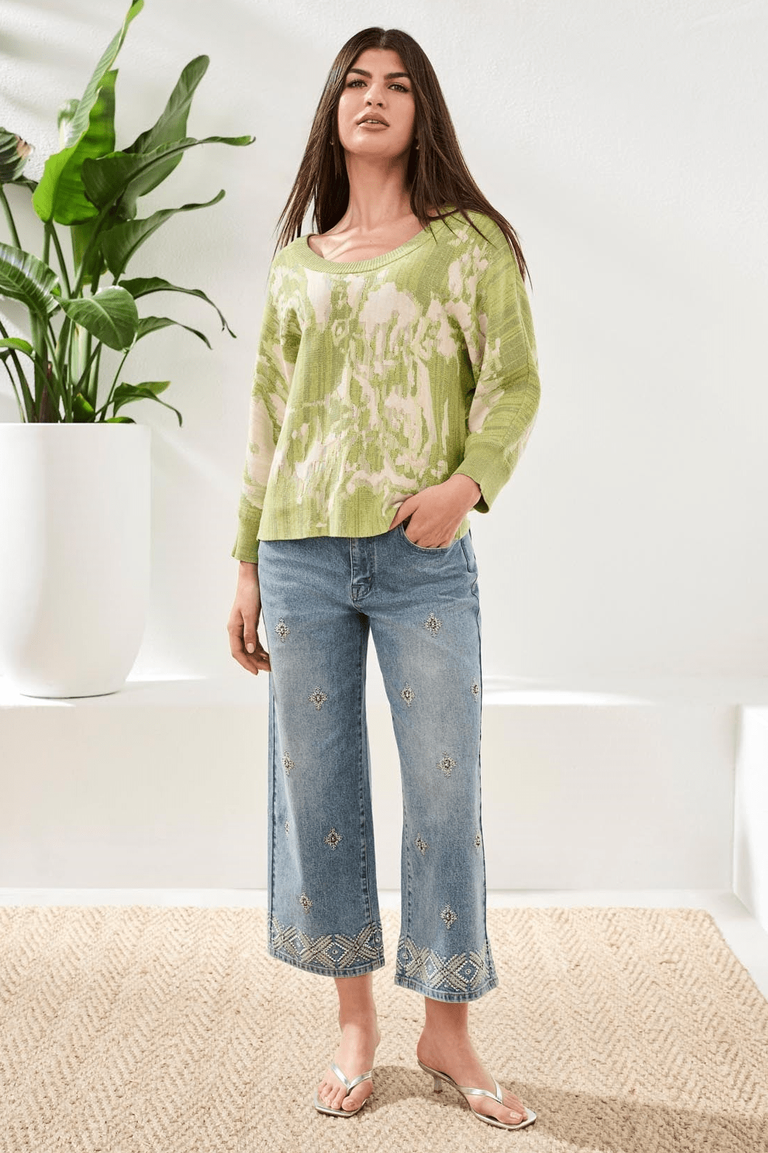 Boat Neck Textured Jacquard 3/4 Sleeve Sweater by Tribal at Shirley Shoppe