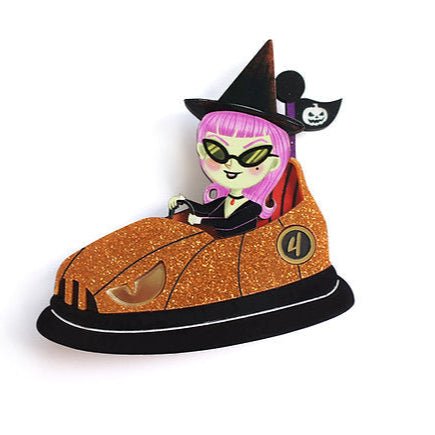Bumper Car with Little Witch Brooch by Laliblue – Retro Kitschy Statement Brooch for Collectors by Quirks! at Shirley Shoppe