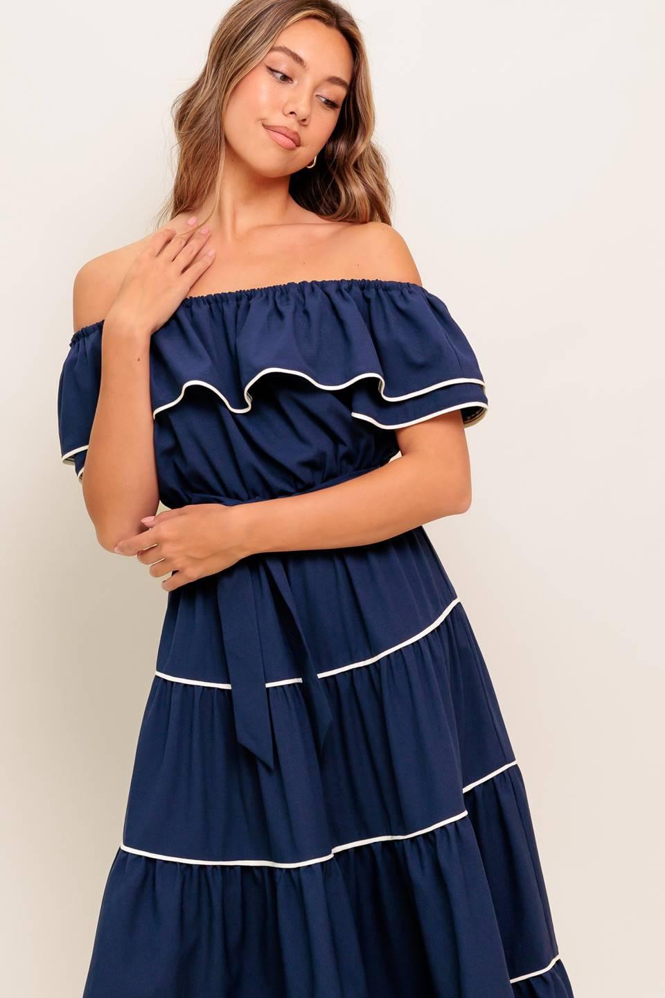 BUTTERCREAM DREAM NAVY WOVEN MIDI DRESS by Flying Tomato at Shirley Shoppe