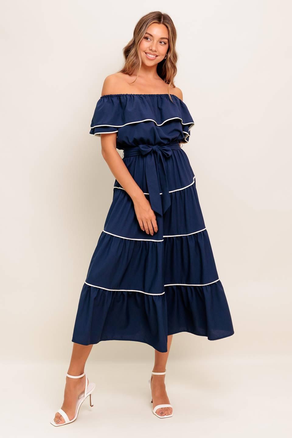 BUTTERCREAM DREAM NAVY WOVEN MIDI DRESS by Flying Tomato at Shirley Shoppe