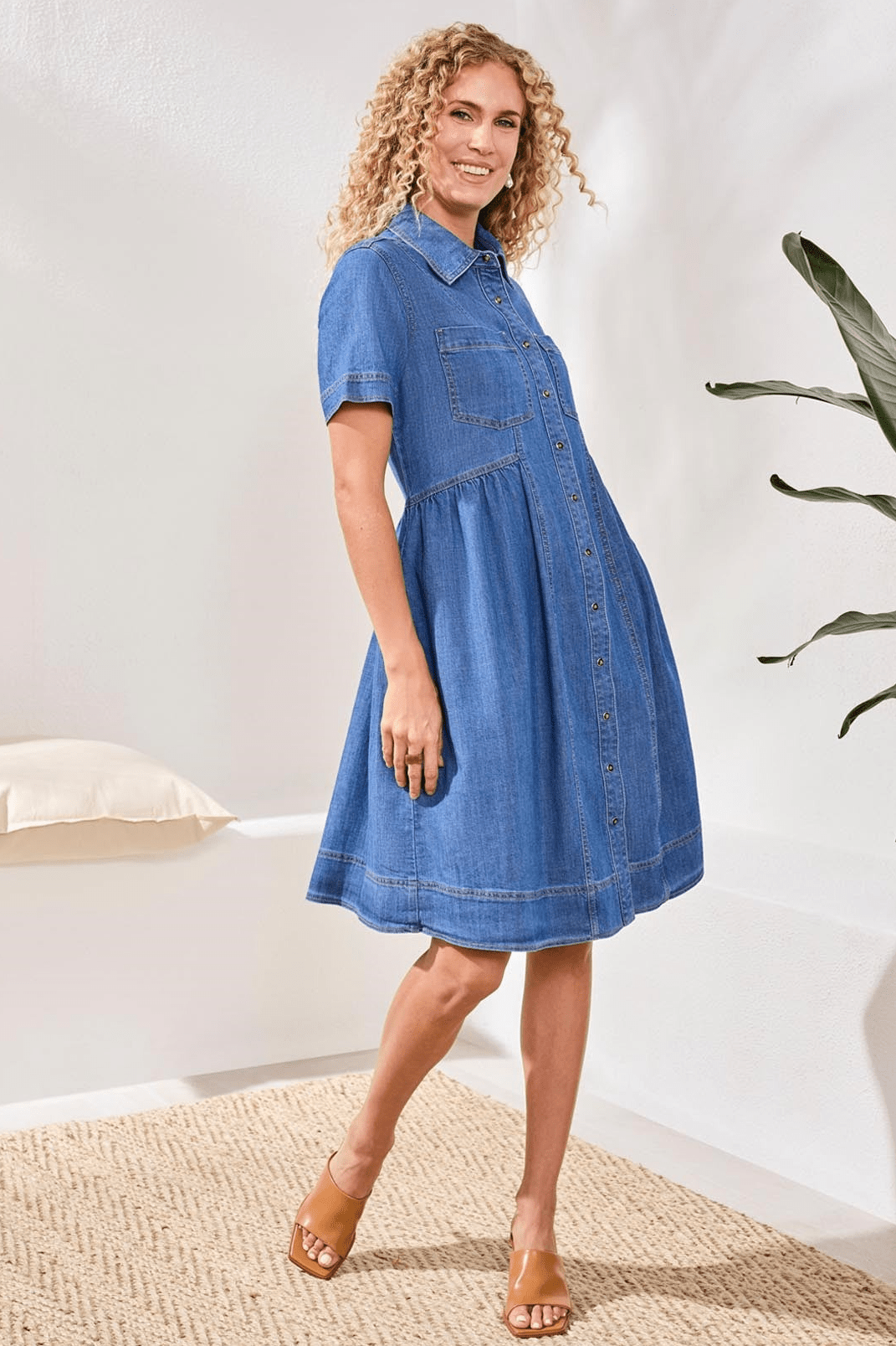 Button Down Flowy Denim Dress With Pockets by Tribal at Shirley Shoppe