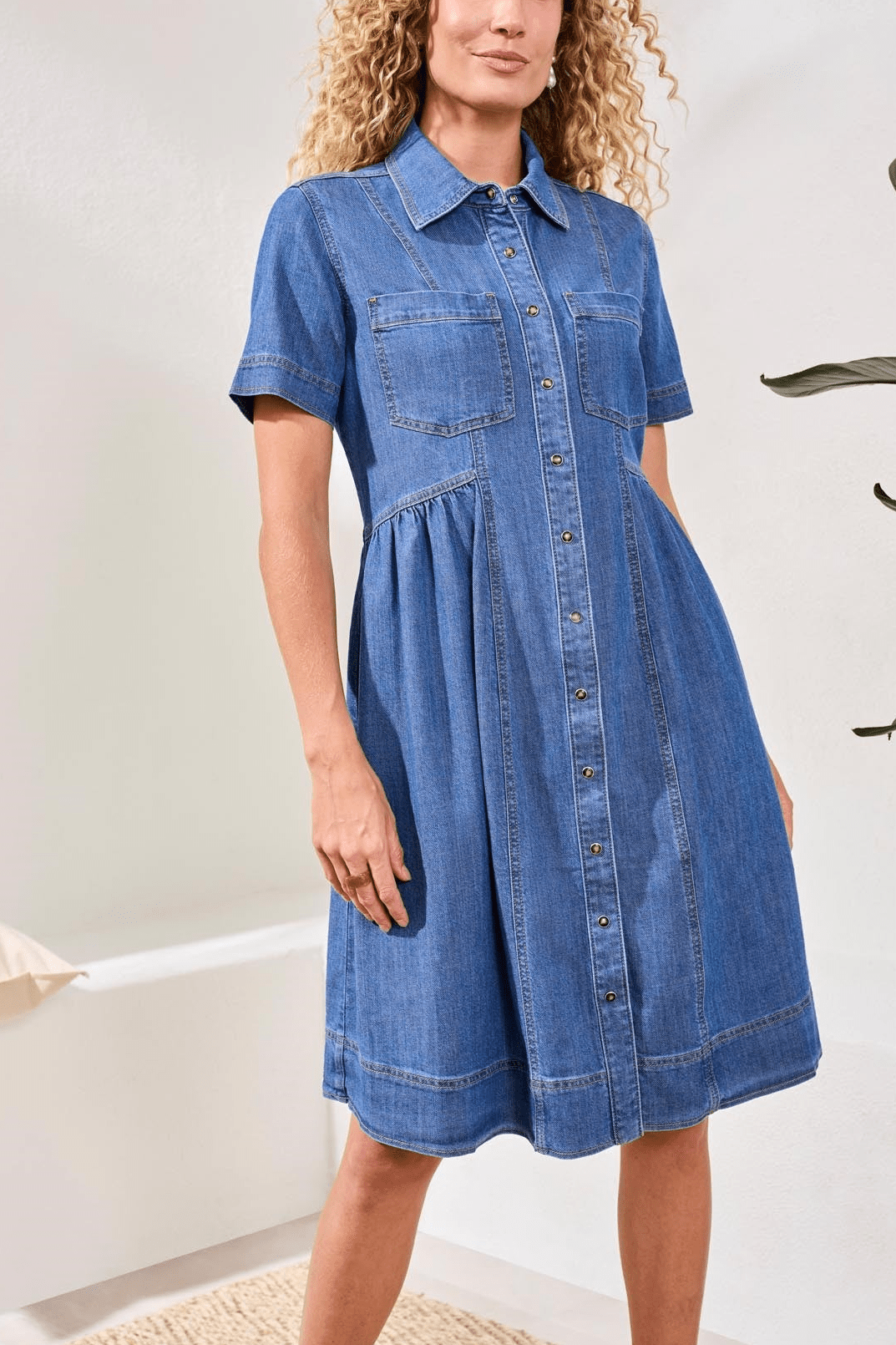 Button Down Flowy Denim Dress With Pockets by Tribal at Shirley Shoppe