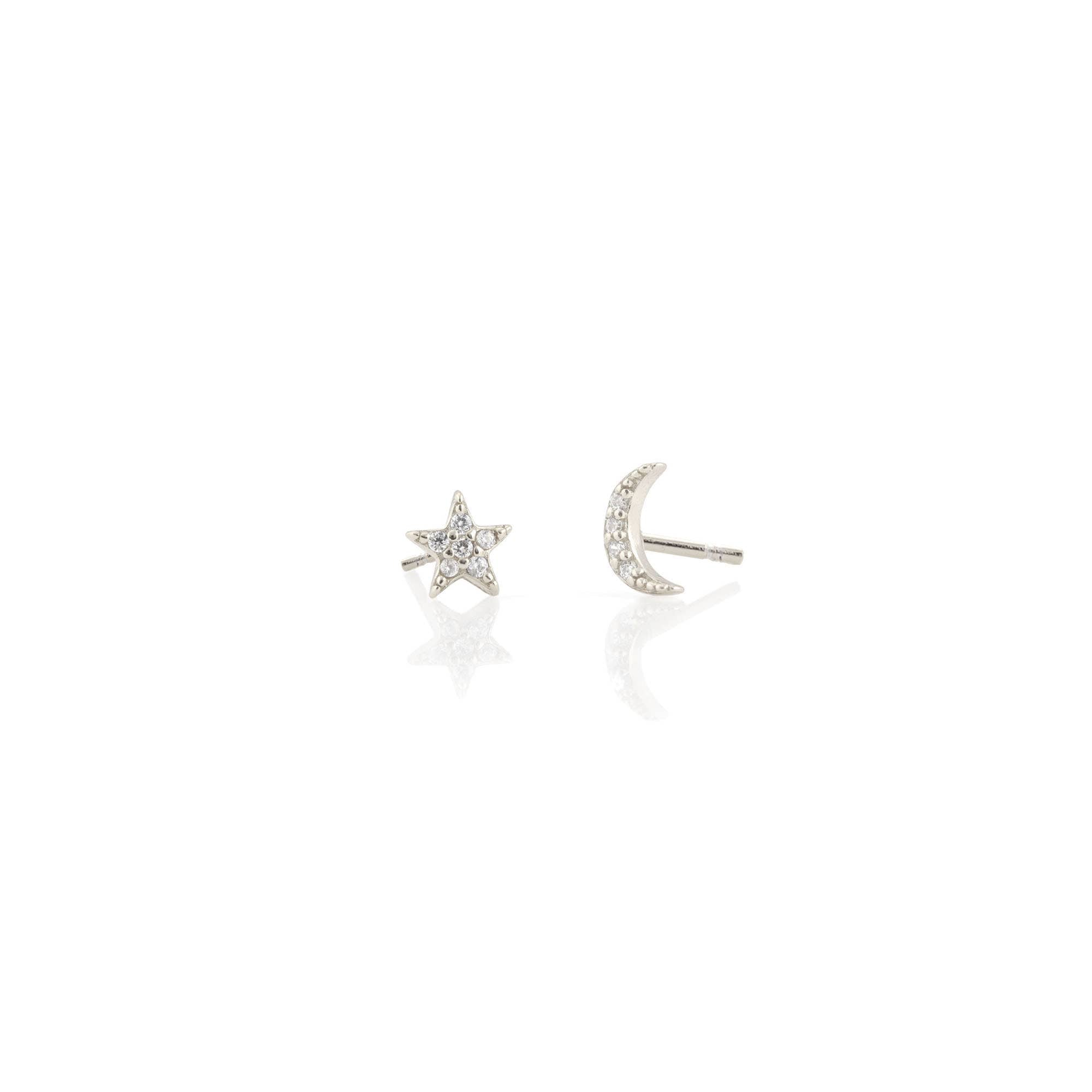 Kris Nations - Star and Moon Crystal Stud Earrings 18K Gold Vermeil | Sterling Silver CZ Crystals Nickel Free Hypoallergenic Ships from CA