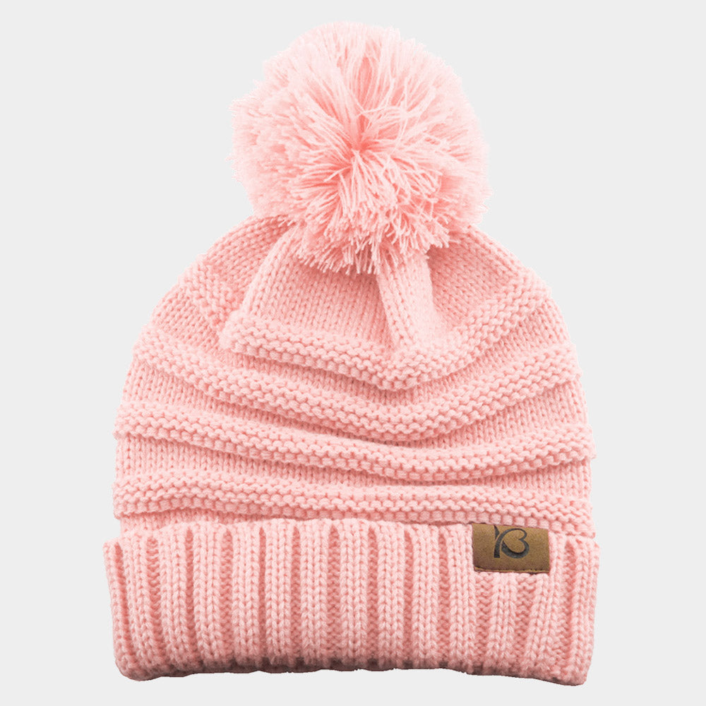 Cable Knit Ribbed Chunk Pom Pom Beanie Hat