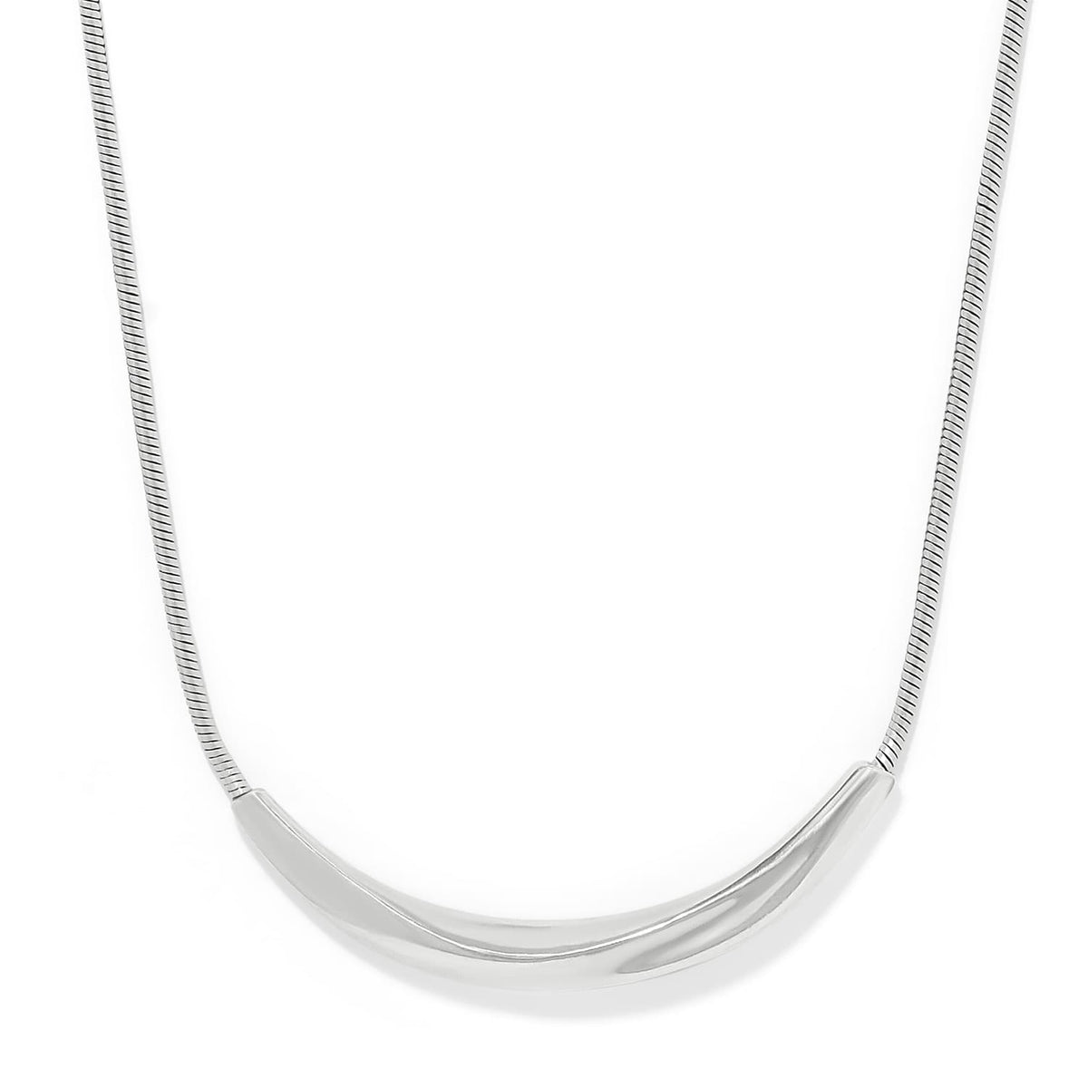 Brighton necklace with silver-plated curved bar pendant on a slim snake chain on a white background