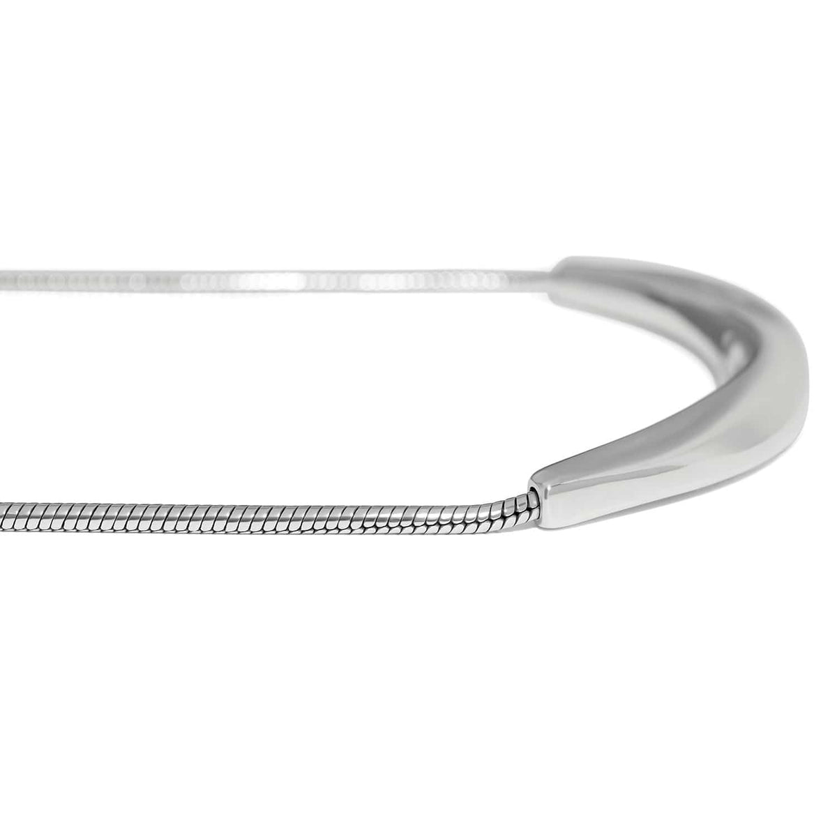 Close-up of Brighton silver-plated necklace showing curved polished bar station joining a smooth snake chain