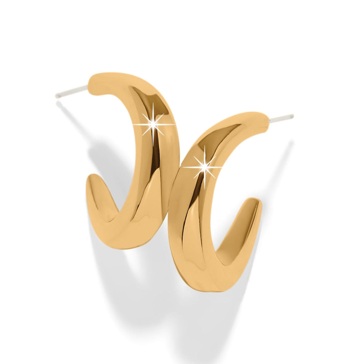 Brighton hoop earrings with thick polished gold-plated curved bands and post backings on a white background