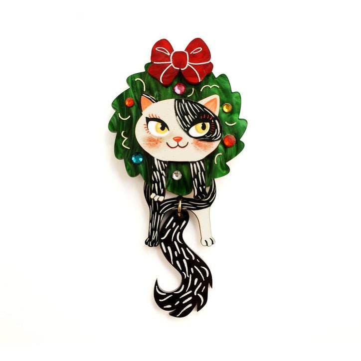 Cat in A Christmas Wreath Brooch by Laliblue by Quirks! at Shirley Shoppe