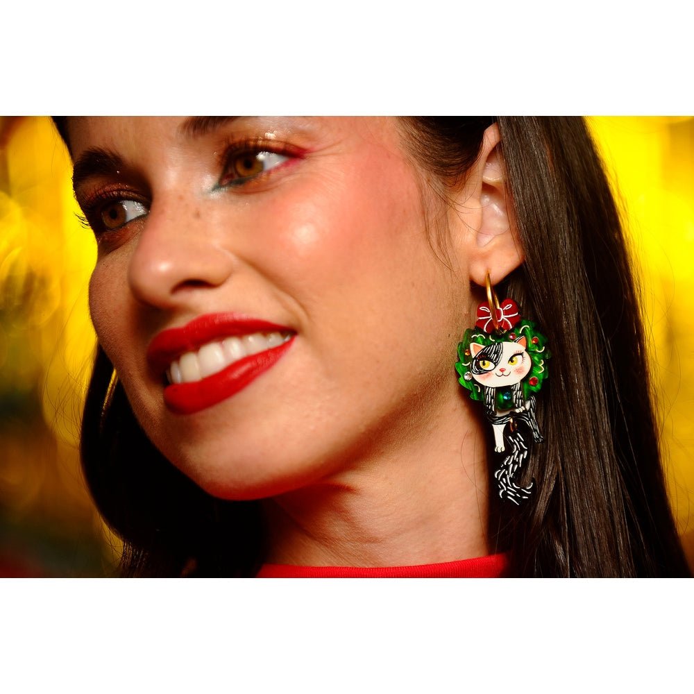 Cat in A Christmas Wreath Earrings by Laliblue – Retro Statement Jewelry Laliblue by Quirks! at Shirley Shoppe