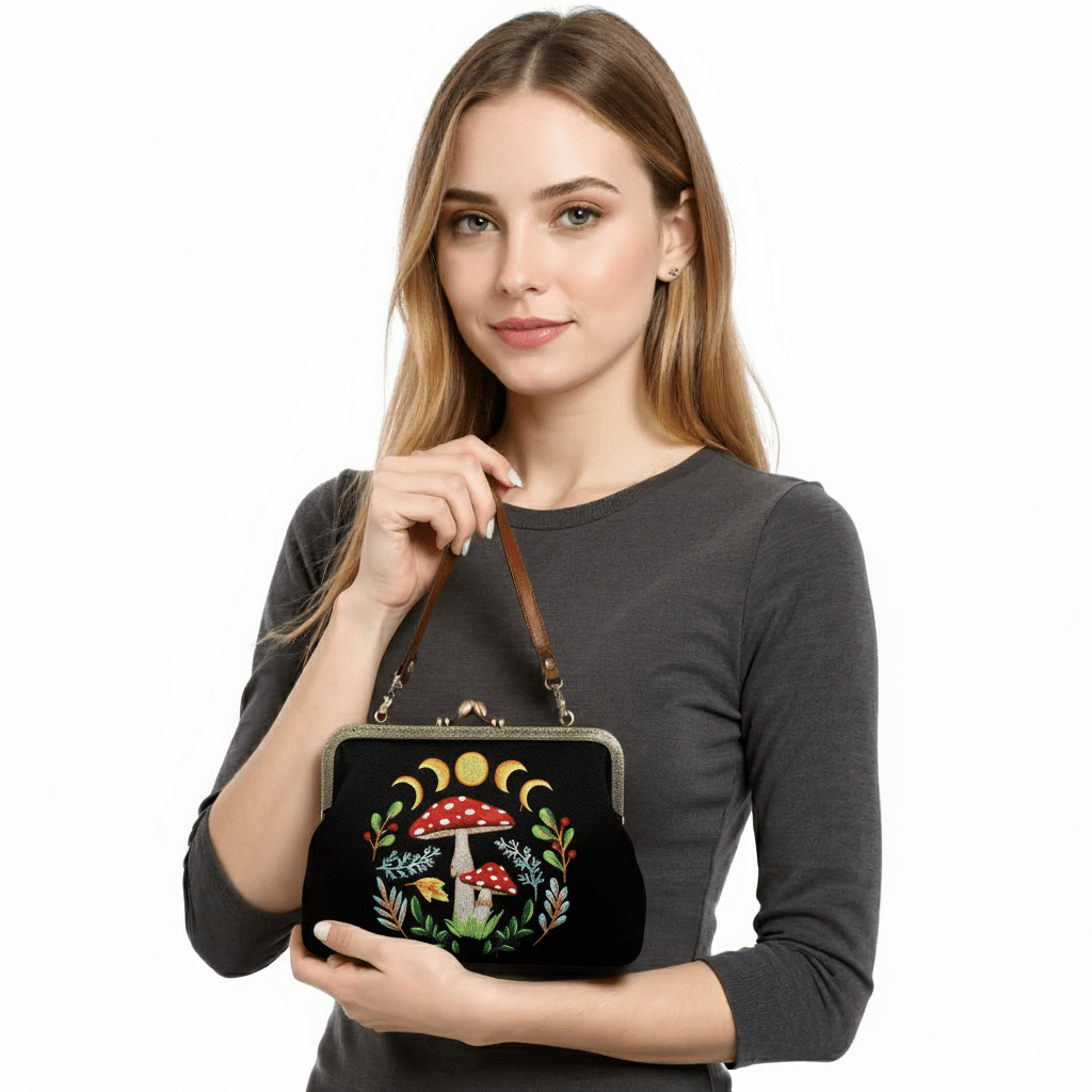 Celestial Mushroom Kiss Lock Bag in Linen Cotton Blend Mater by Quirks! at Shirley Shoppe