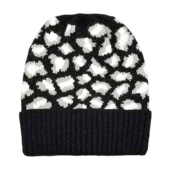 Cozy Leopard Patterned Ribbed Knit Cuff Beanie Hat