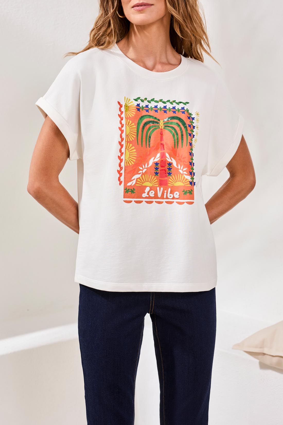 Crew Dolman Sleeve with Beaded Detail Placement Printon Whte by Tribal at Shirley Shoppe