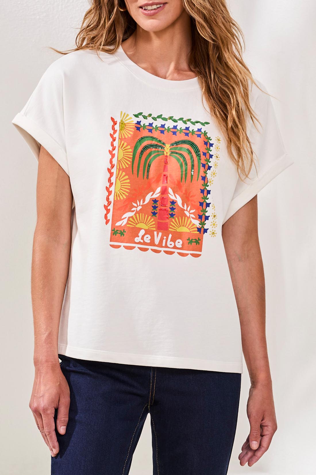Crew Dolman Sleeve with Beaded Detail Placement Printon Whte by Tribal at Shirley Shoppe