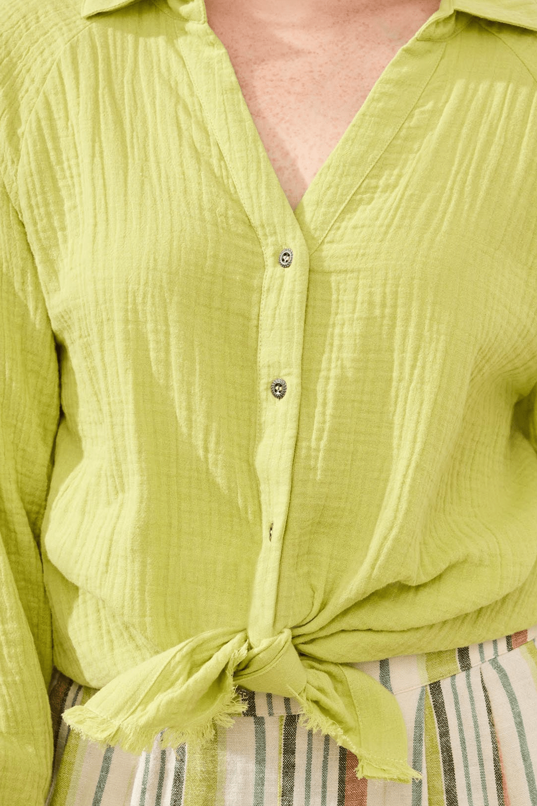 Crinkle Gauze Button - Front Tie Blouse by Tribal at Shirley Shoppe