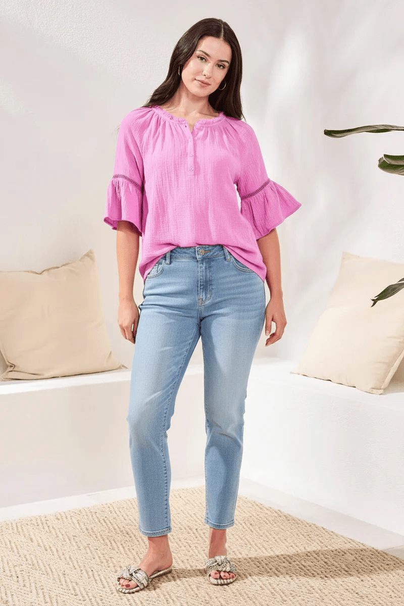 Crinkle Gauze Split-Neck Button-Front Bell Sleeve Blouse by Tribal at Shirley Shoppe