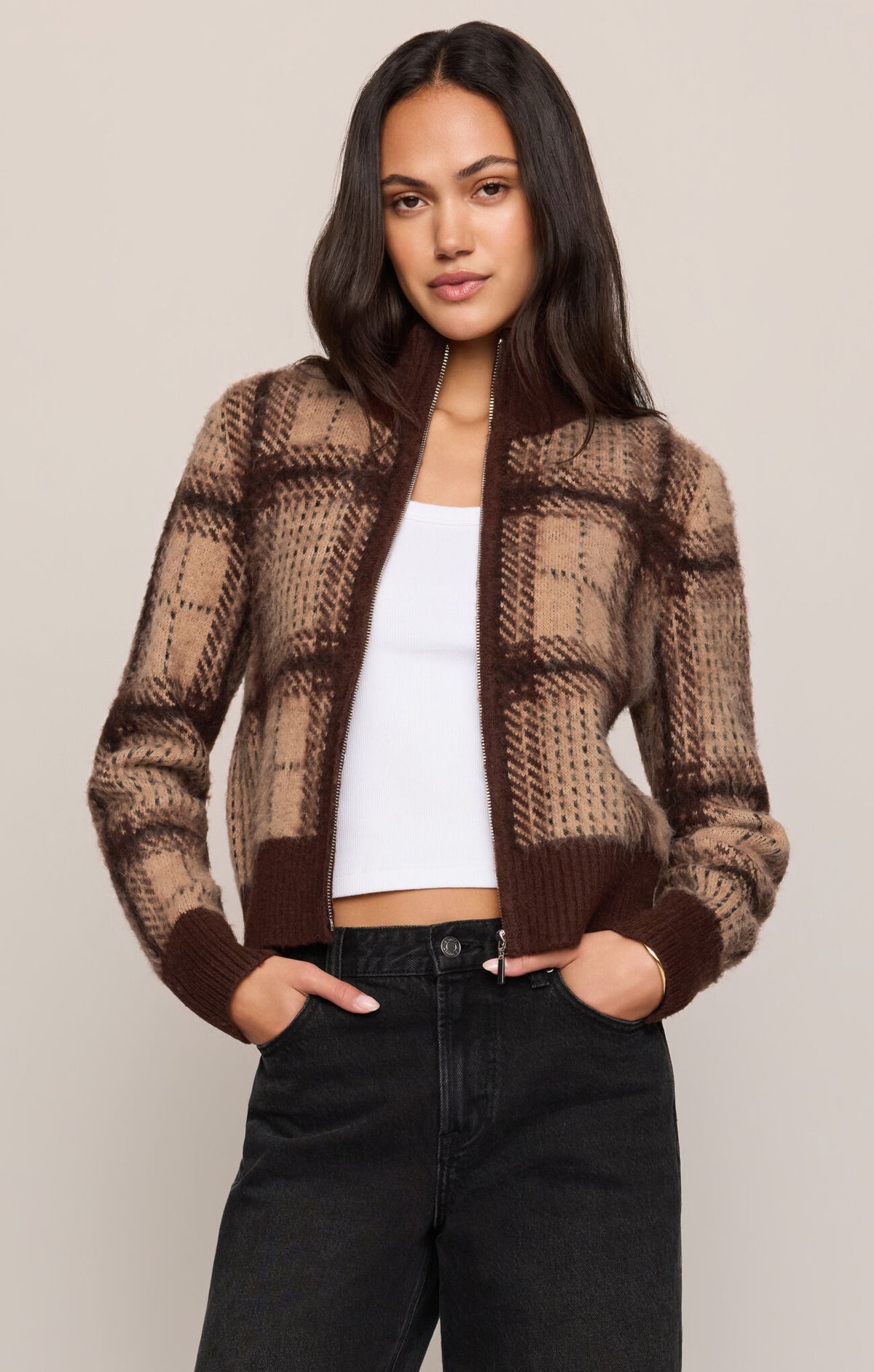 Frostline Plaid Cardigan in Toasted Almond