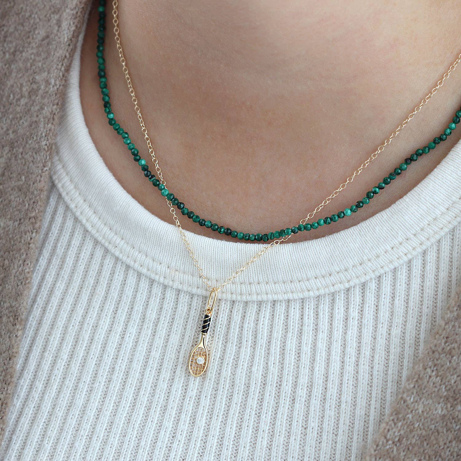 Kris Nations - Tennis Racket Enamel Charm Necklace 18K Gold Vermeil Charm | Gold Filled Chain CZ Crystal "Ball" 16-18 Inches Nickel Free Ships from CA
