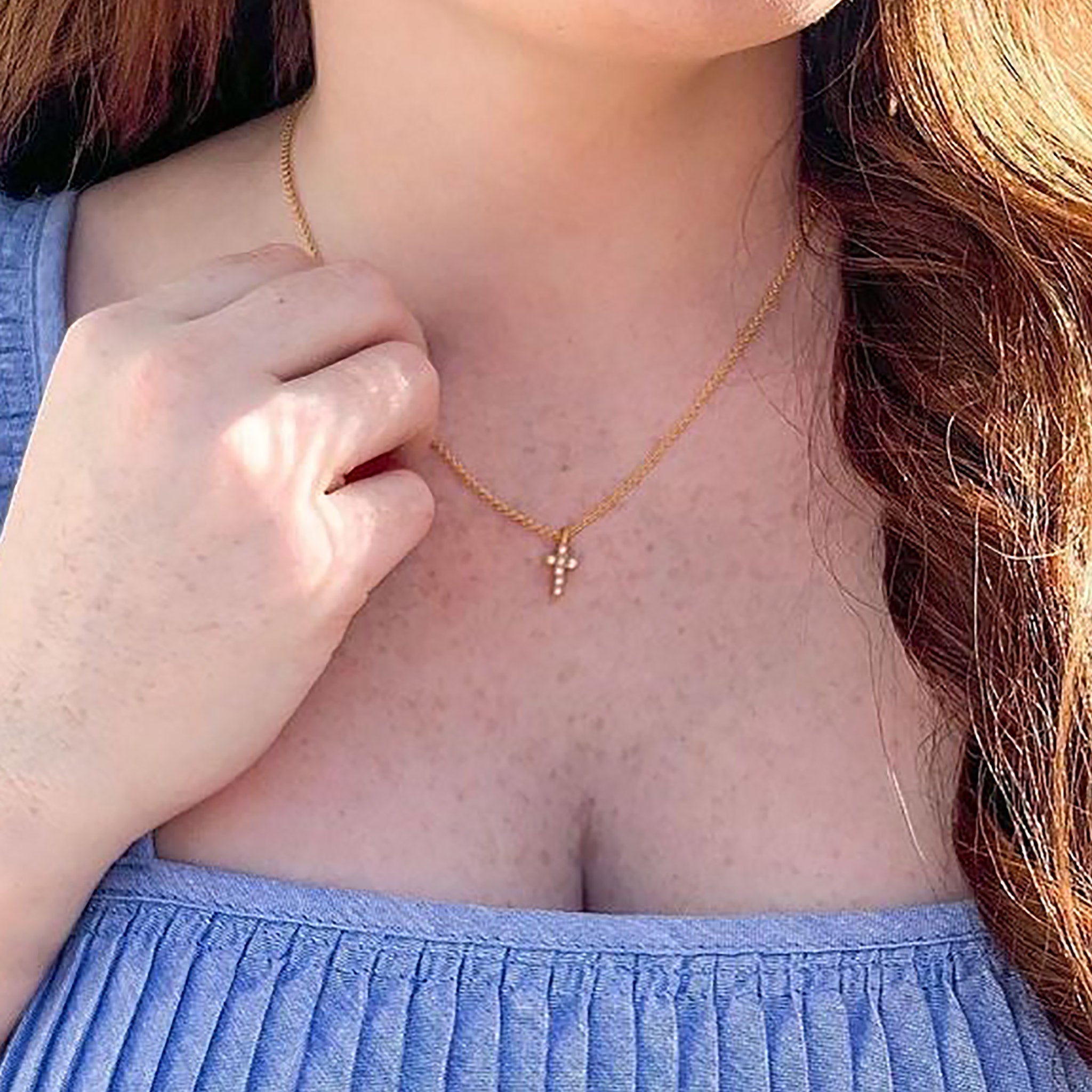 Dainty Pearl Cross Necklace by Christina Greene at Shirley Shoppe
