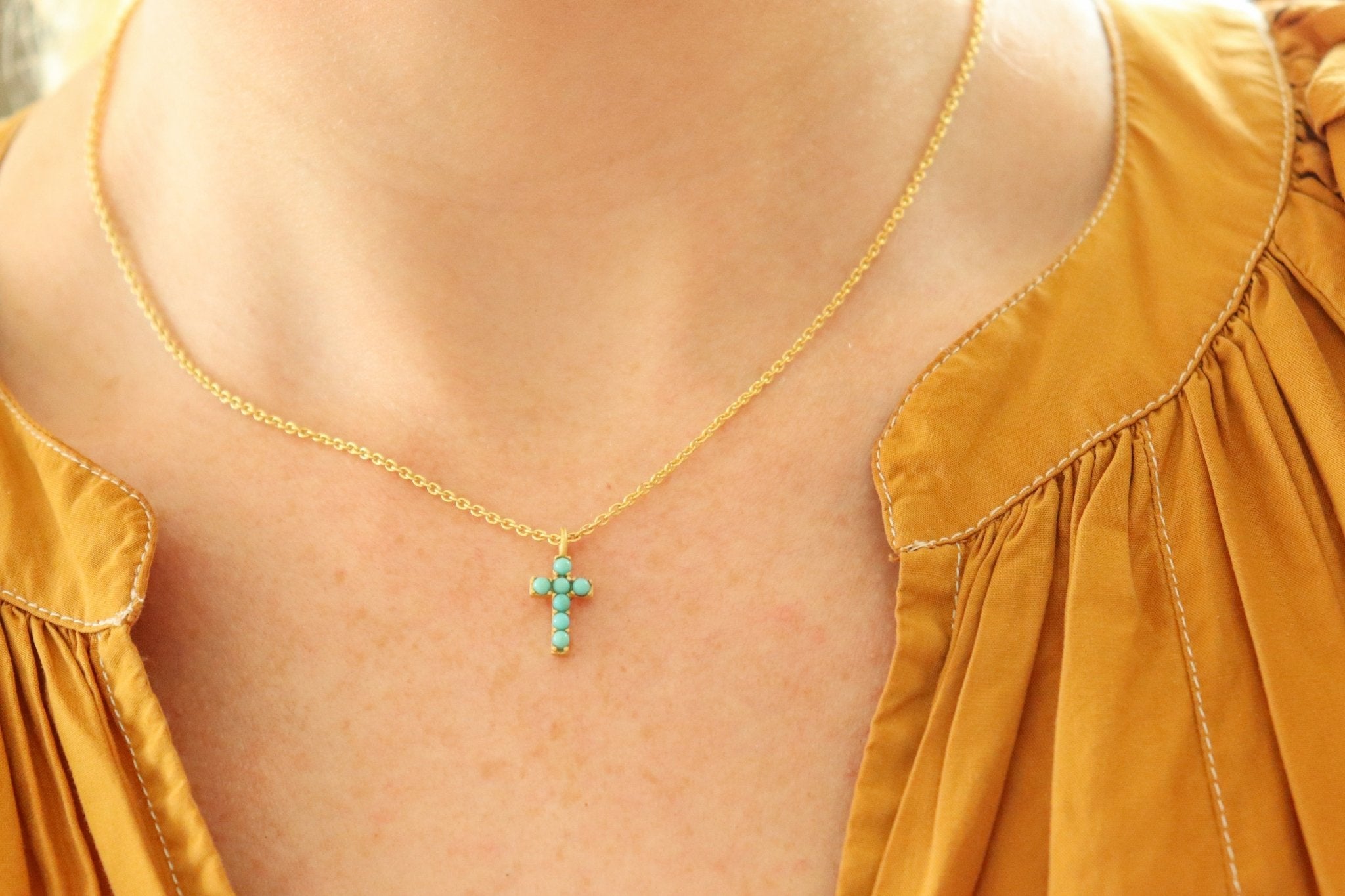 Dainty Turquoise Cross Necklace by Christina Greene at Shirley Shoppe