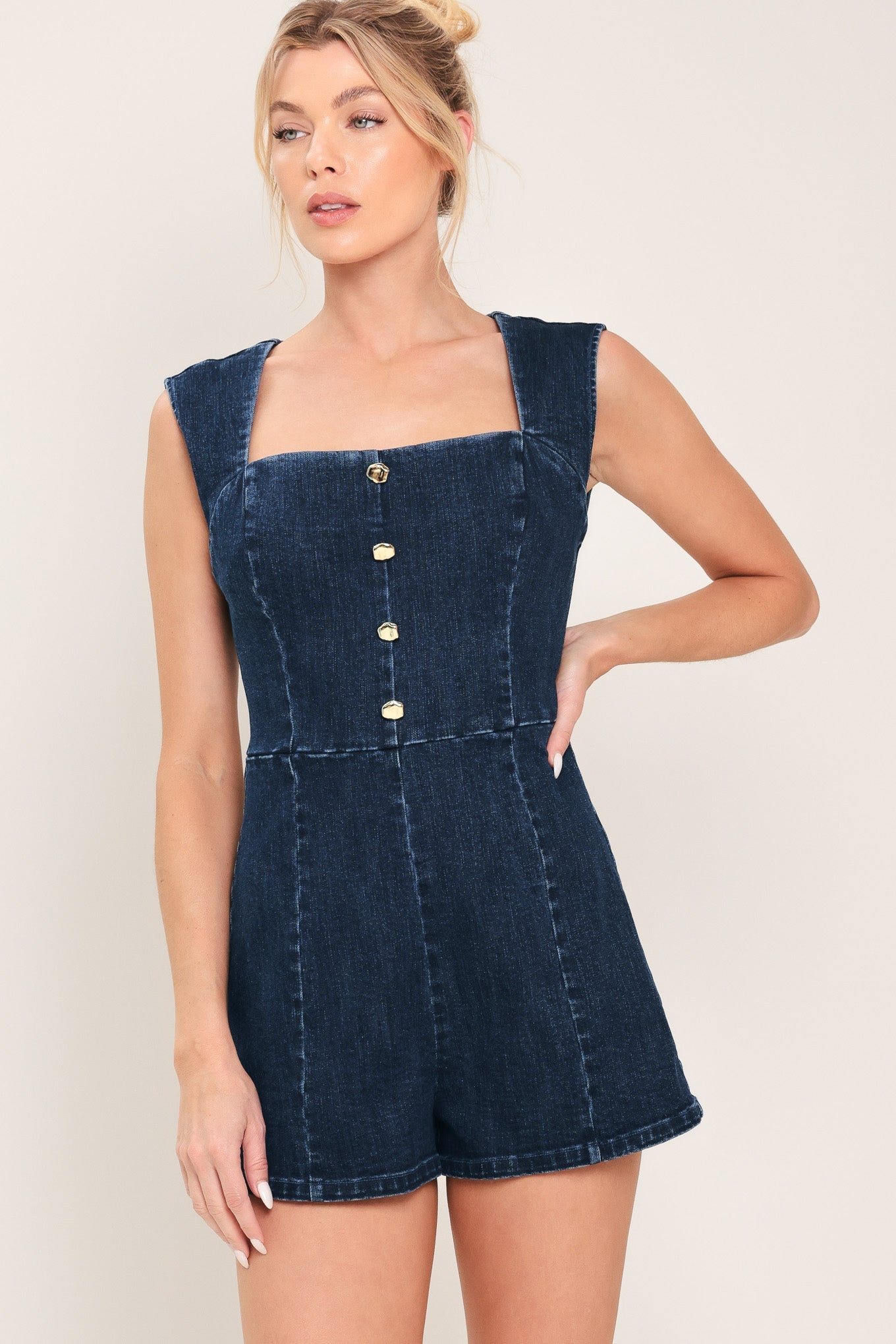 DARK WASH ICON DENIM ROMPER by Flying Tomato at Shirley Shoppe