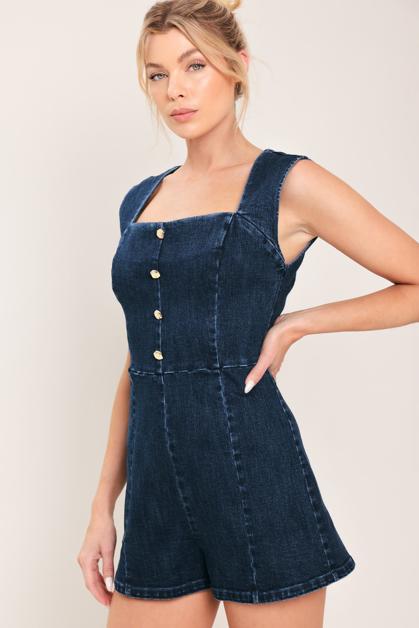 DARK WASH ICON DENIM ROMPER by Flying Tomato at Shirley Shoppe