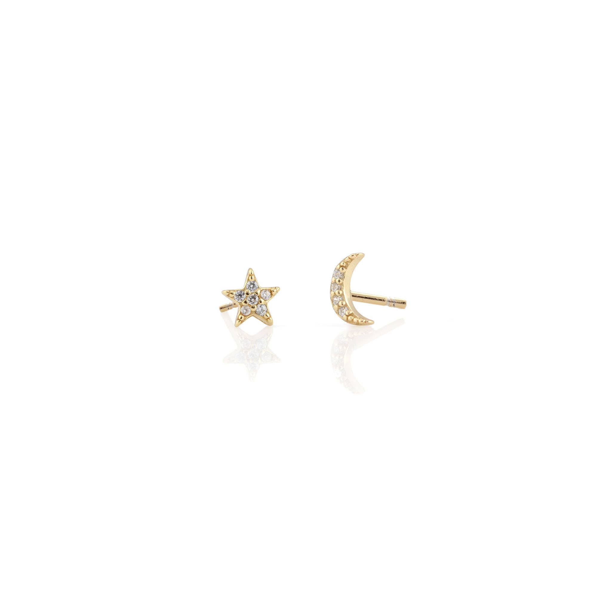 Kris Nations - Star and Moon Crystal Stud Earrings 18K Gold Vermeil | Sterling Silver CZ Crystals Nickel Free Hypoallergenic Ships from CA