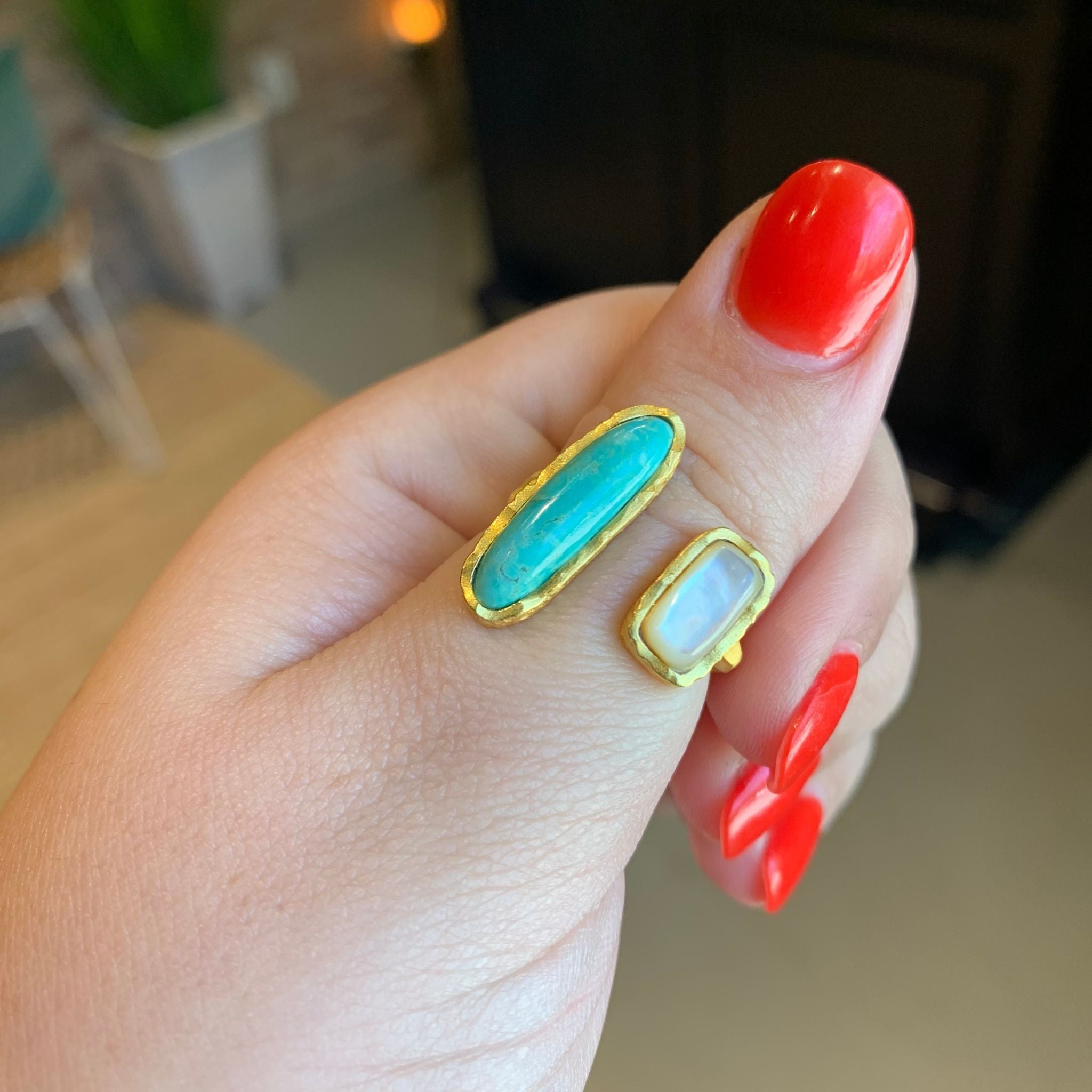 Deco Twin Stone Ring - Turquoise/Pearl by Christina Greene at Shirley Shoppe