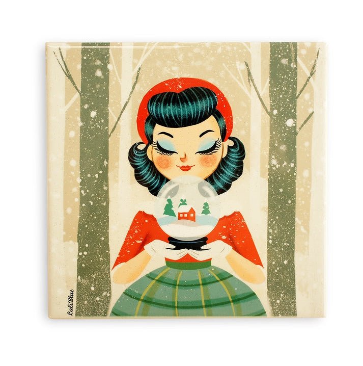 Decorative Tile Girl with Snow Globe by Laliblue by Quirks! at Shirley Shoppe