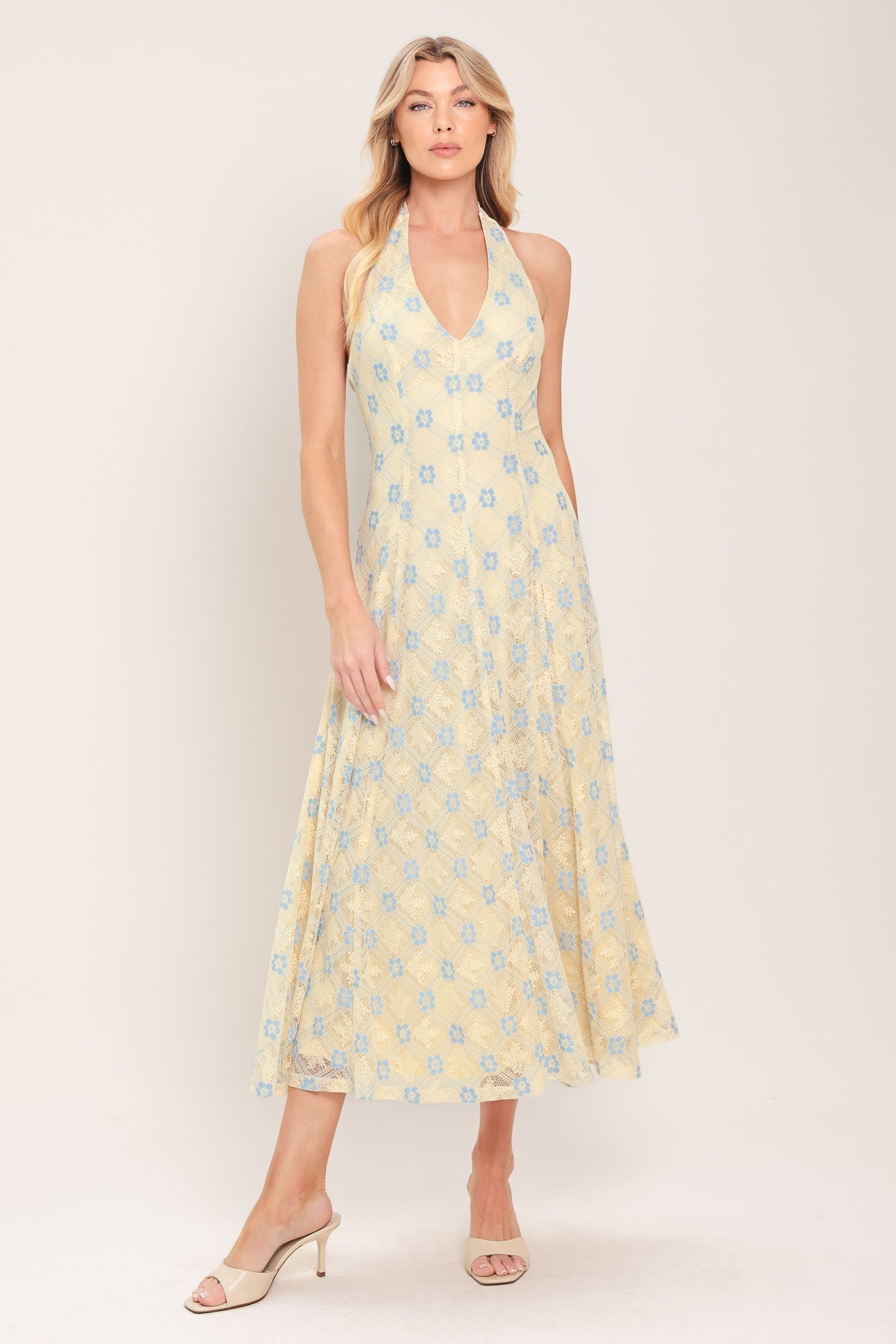 DELICATE BLOOM HALTER WOVEN LACE MIDI DRESS by Flying Tomato at Shirley Shoppe