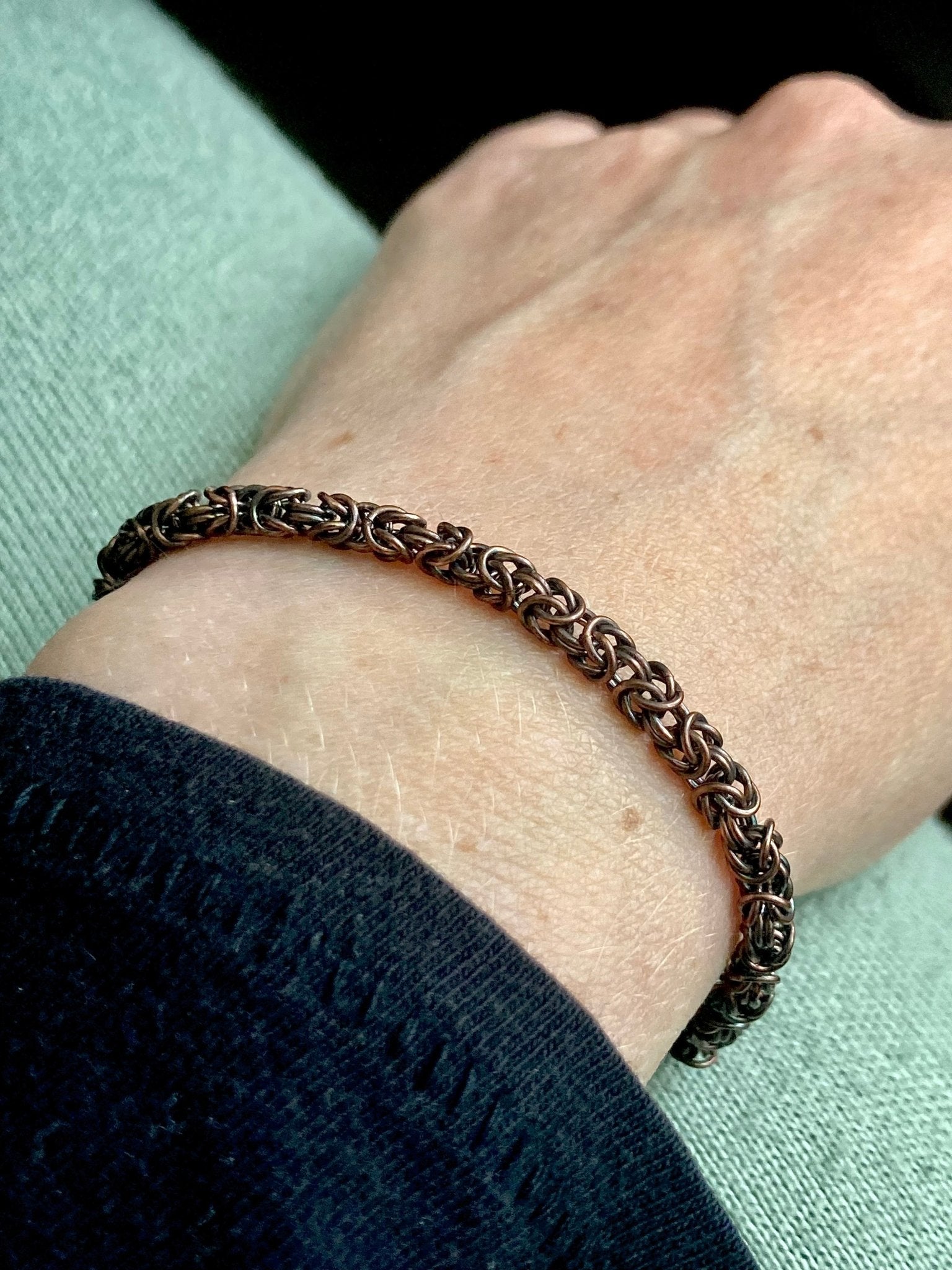 Delicate Byzantine Chainmaille Bracelet in Oxidized Copper by Alison Morse at Shirley Shoppe