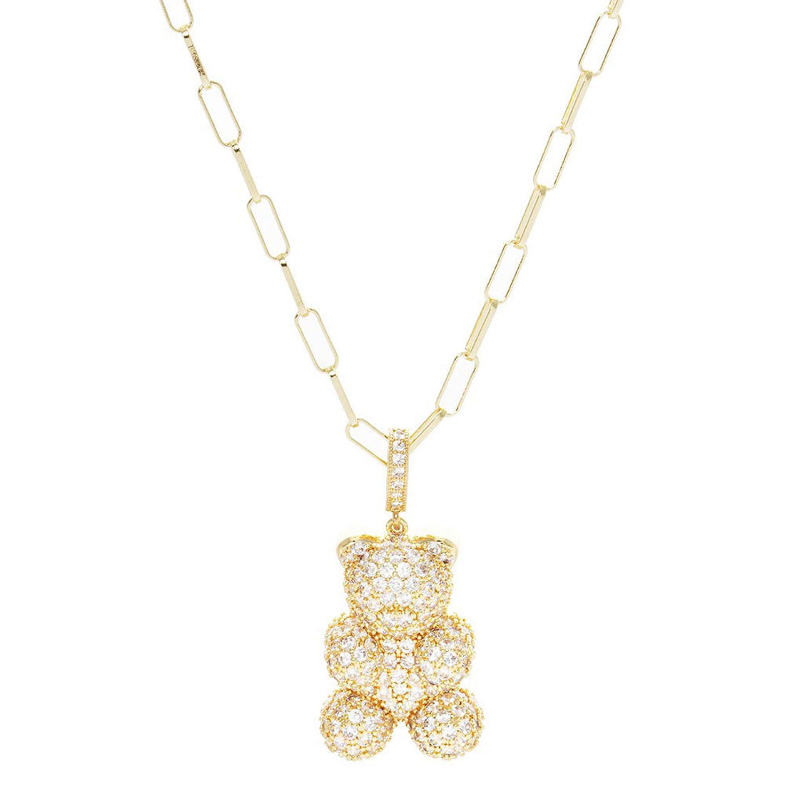 Dipped CZ Embellished Metal Bear Pendant Necklace