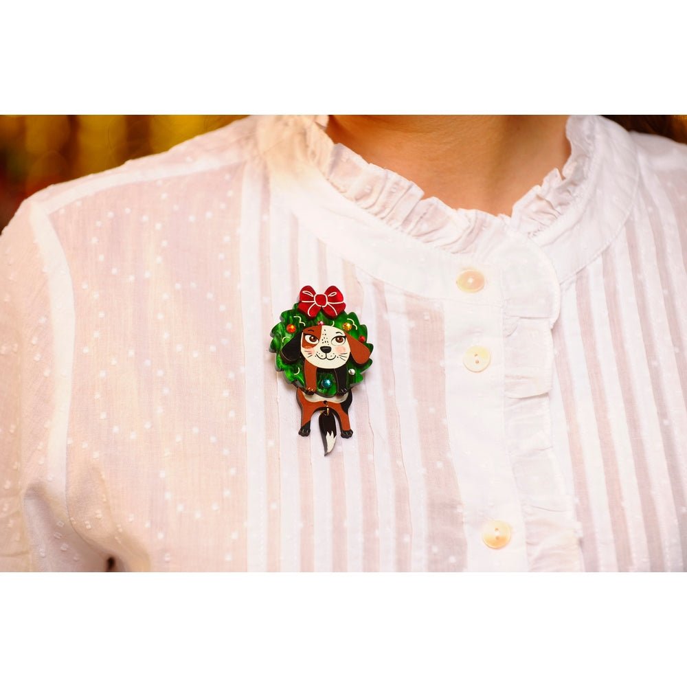 Dog in A Christmas Wreath Brooch by Laliblue by Quirks! at Shirley Shoppe