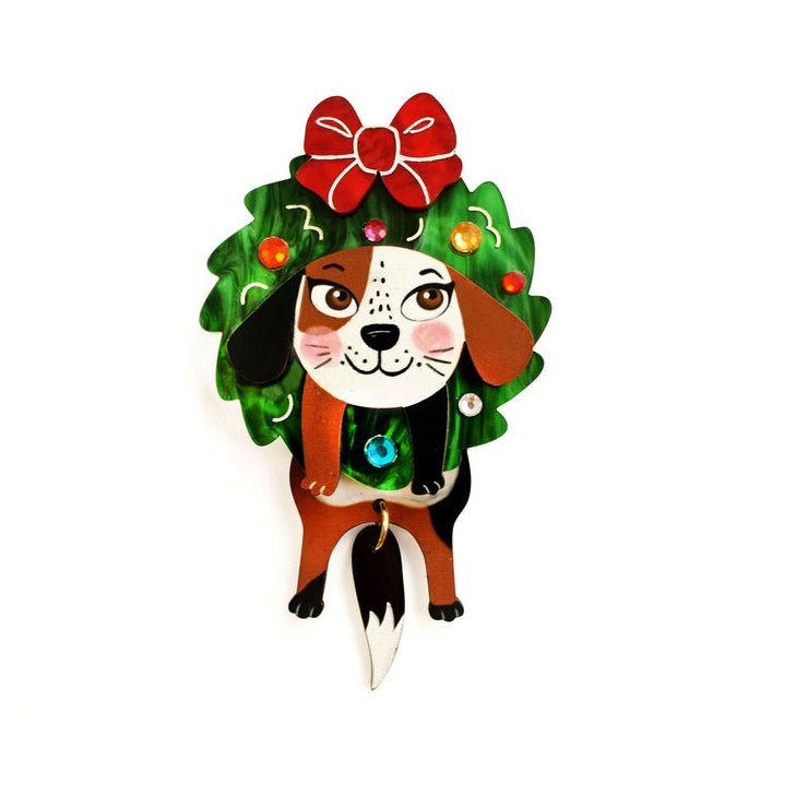 Dog in A Christmas Wreath Brooch by Laliblue by Quirks! at Shirley Shoppe