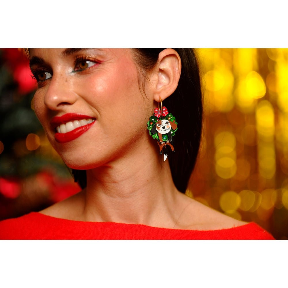 Dog in A Christmas Wreath Earrings by Laliblue – Retro Statement Jewelry Laliblue by Quirks! at Shirley Shoppe
