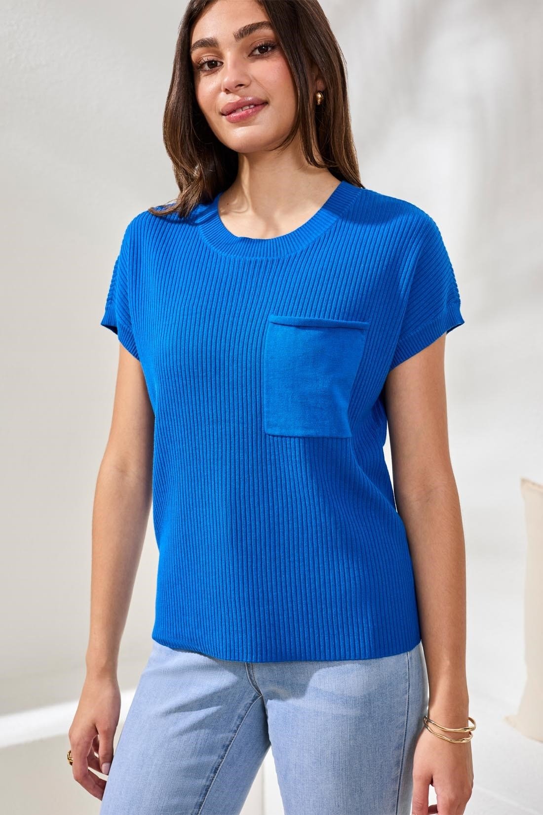 Dolman Short Sleeve Ribbed Knit Top With Pocket by Tribal at Shirley Shoppe