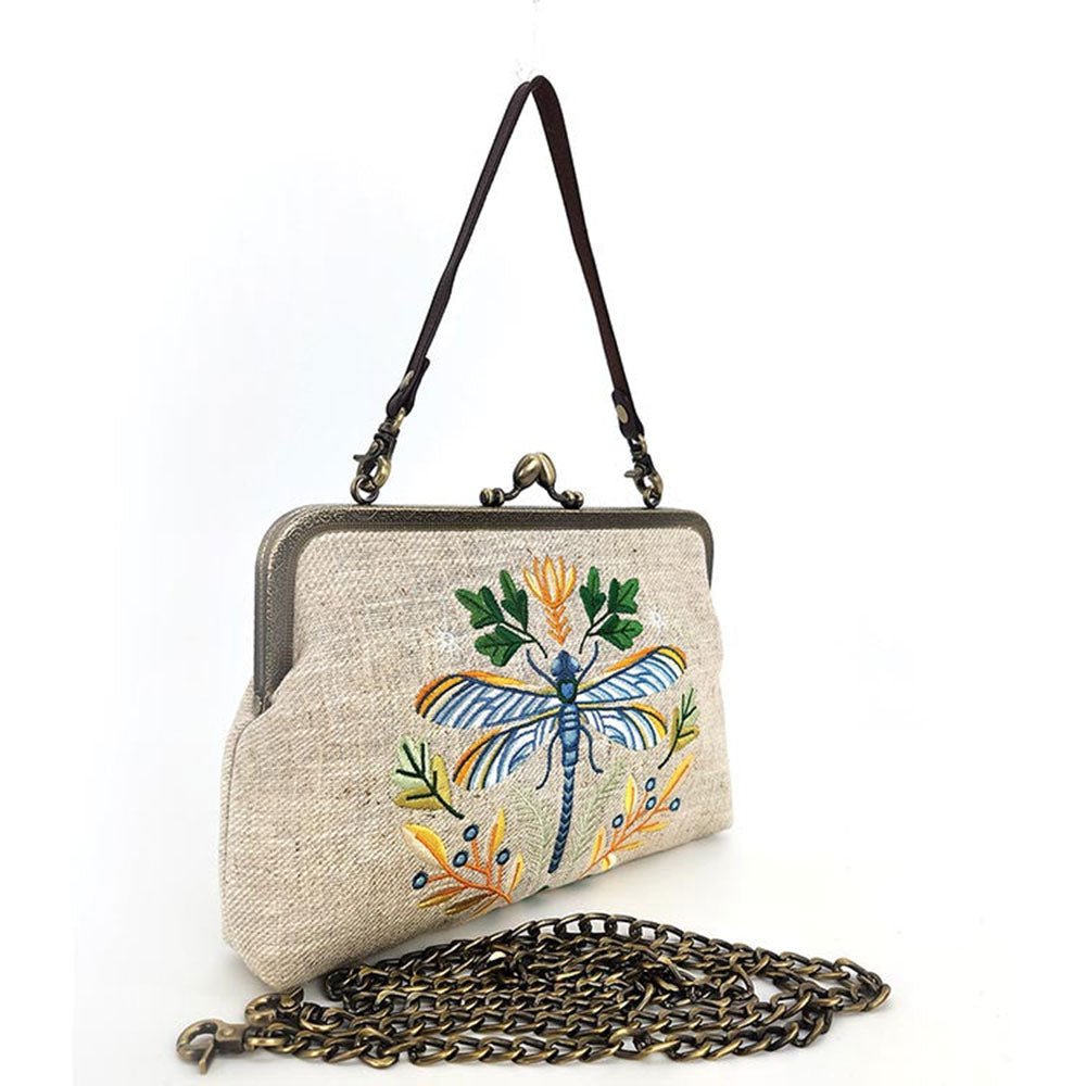 Dragonfly Embroidered Vintage - Style Kisslock Handbag : Beige by Quirks! at Shirley Shoppe
