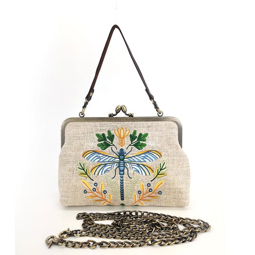 Dragonfly Embroidered Vintage - Style Kisslock Handbag : Beige by Quirks! at Shirley Shoppe