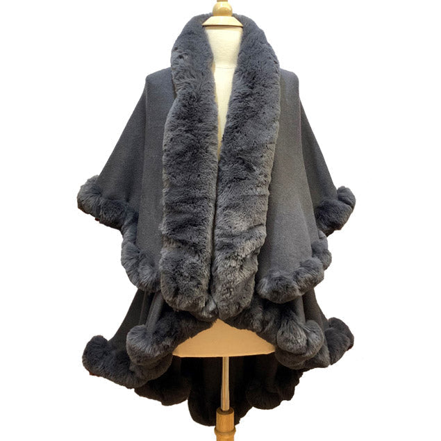 Elegant 2 Row Faux Fur Trim Knit Poncho Ruana