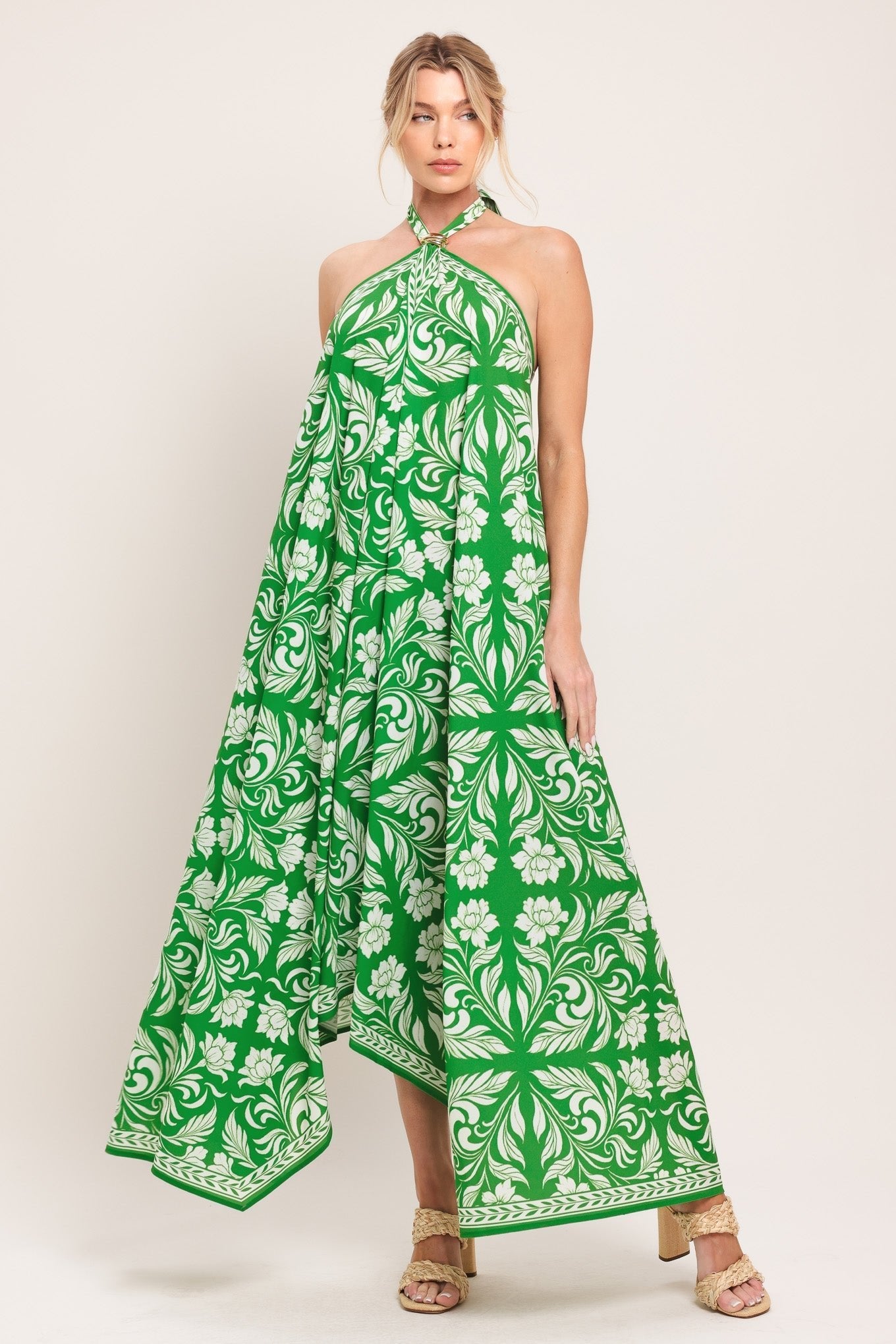 EMERALD BLOOM WOVEN MIDI SCARF DRESS by Flying Tomato at Shirley Shoppe
