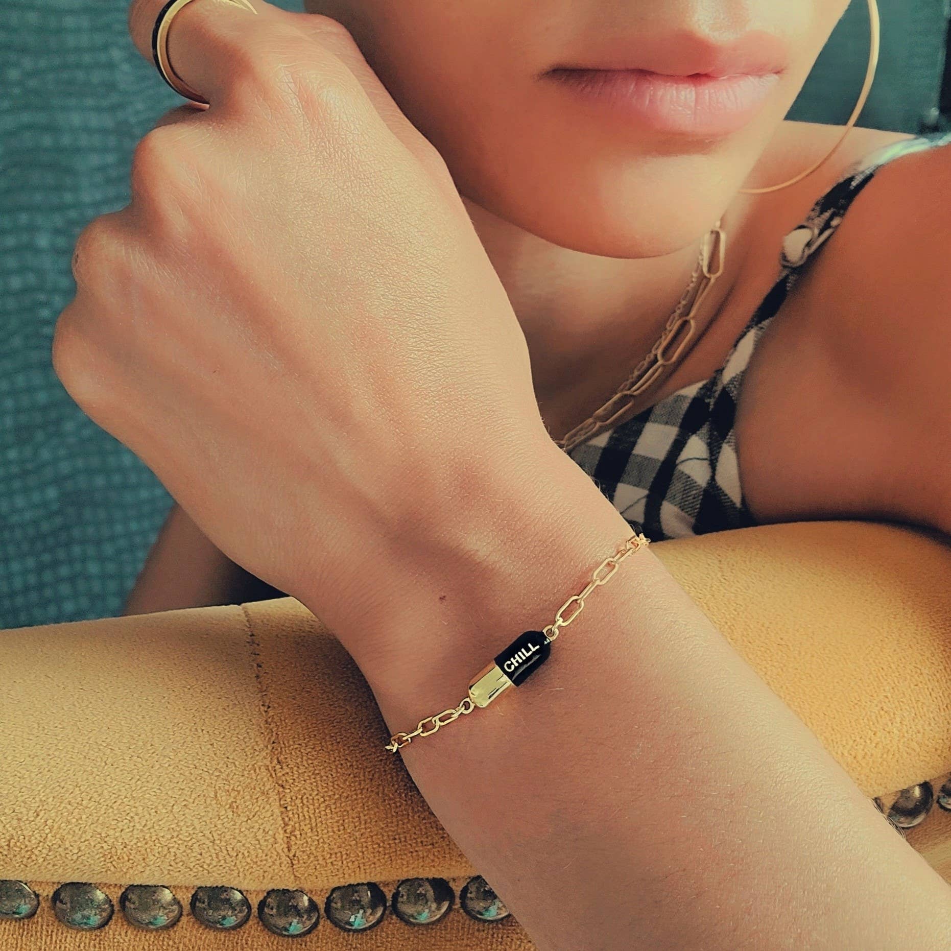 Kris Nations - Chill Pill Charm Bracelet 18K Gold Vermeil | Sterling Silver Charm Gold Filled | Sterling Silver Drawn Cable Chain Multiple Colors Lobster Clasp Nickel Free Ships from CA