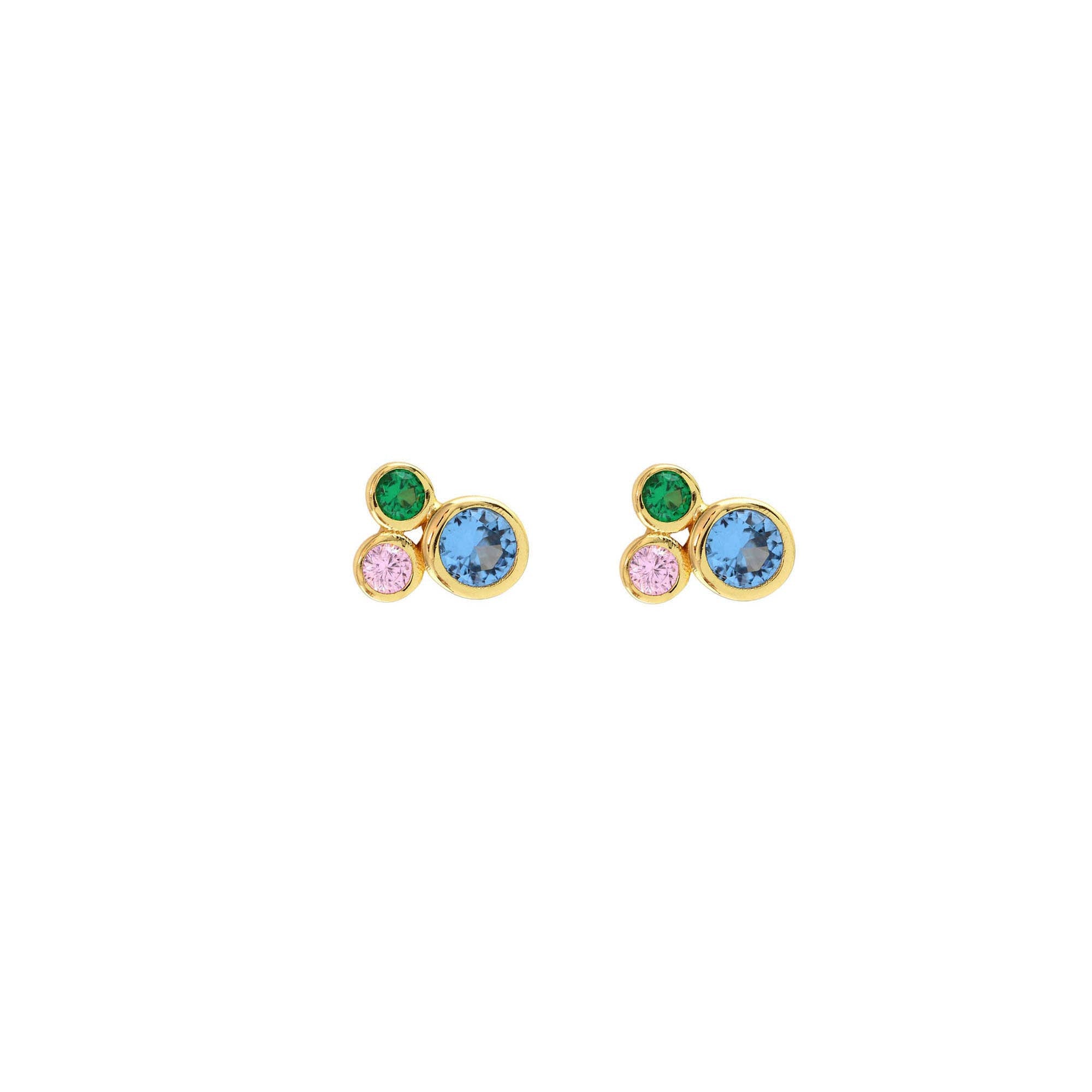 Kris Nations - Modernist Stud Earrings 18K Gold Vermeil Sapphire, Emerald Green and Pink Topaz CZ Crystal Cluster Nickel Free Hypoallergenic Ships from CA
