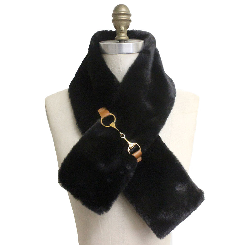 Faux Leather Metal Accent Faux Fur Pull Through Scarf