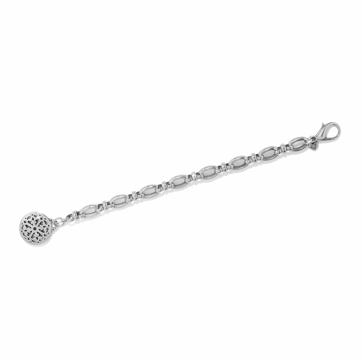 Brighton charm bracelet with silver-plated oval link chain, openwork medallion charm, and lobster clasp on a white background