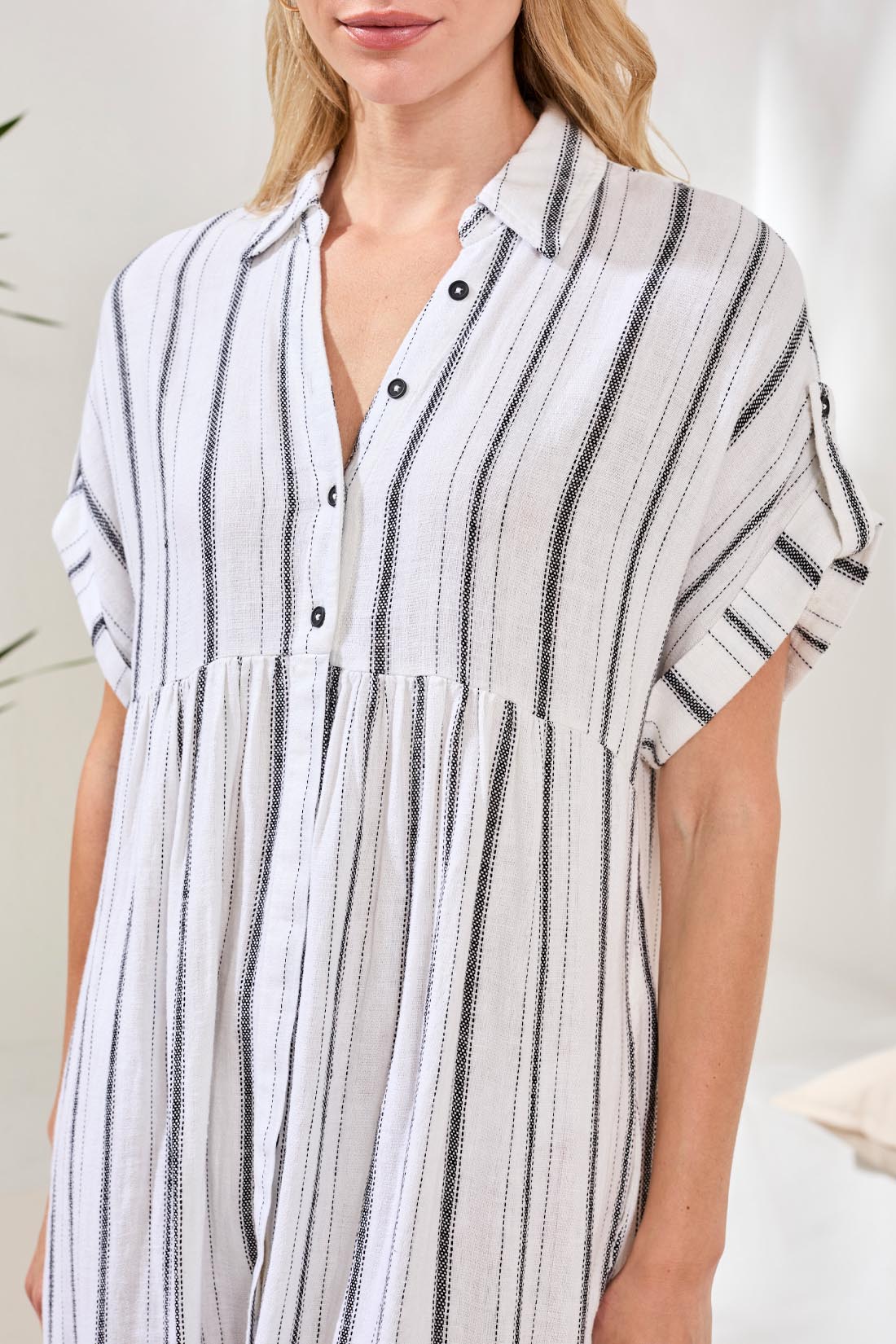 Flowy Shirt Dress with Slit and Hdden Placket - White /Black by Tribal at Shirley Shoppe