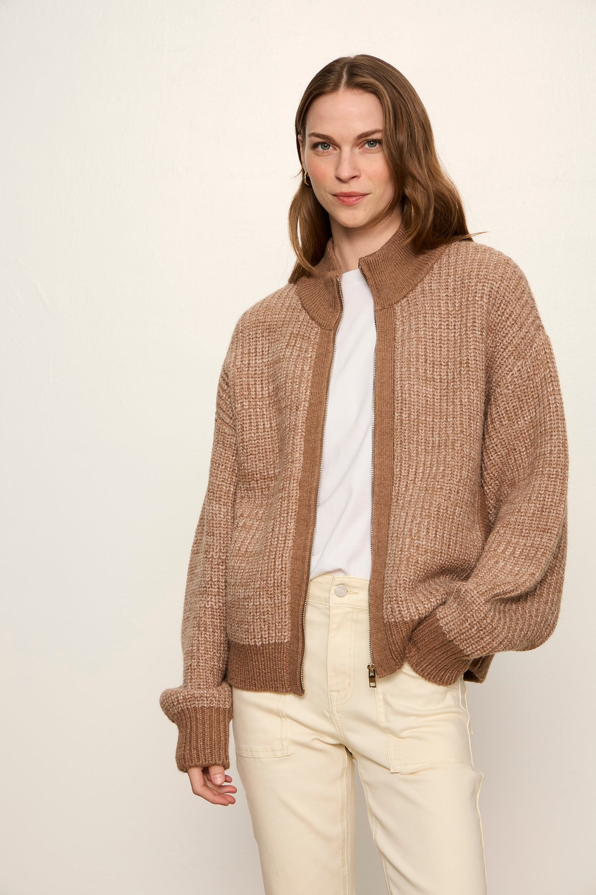 Sanctuary Zip Up Sweater Jacket in Heather Cocoa