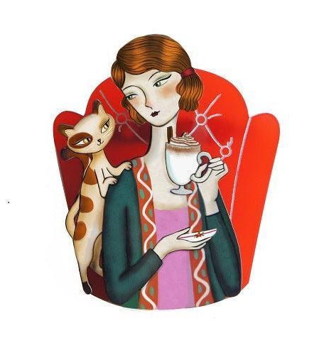 Girl and Cat with Eggnog Brooch by Laliblue by Quirks! at Shirley Shoppe