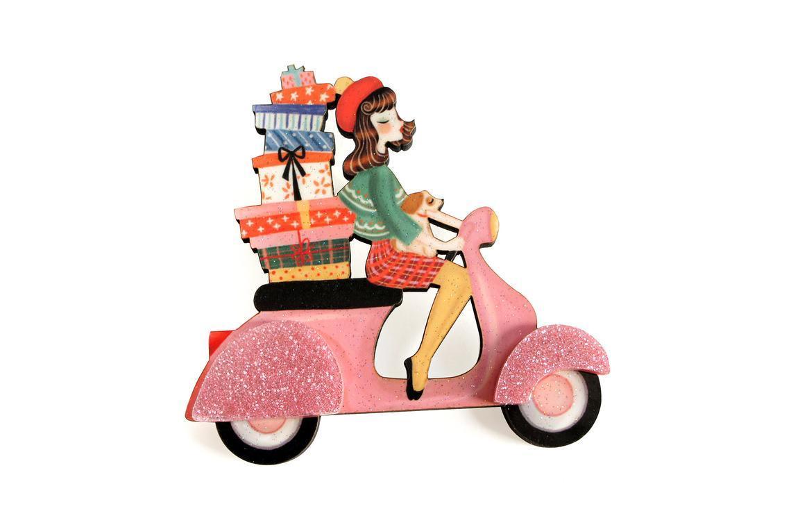 Girl on Scooter with Gifts Brooch by Laliblue by Quirks! at Shirley Shoppe