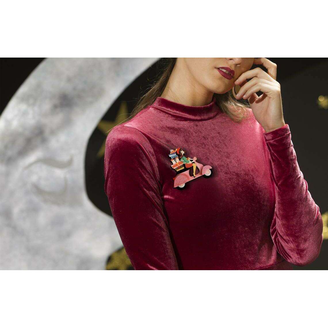 Girl on Scooter with Gifts Brooch by Laliblue